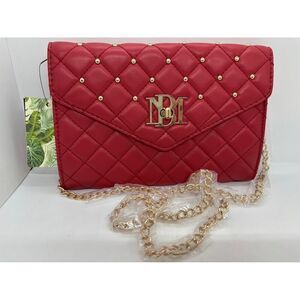 NWT Badgley Mischka Crossbody Bag Quilting Round Studs Faux Leather RED $129-